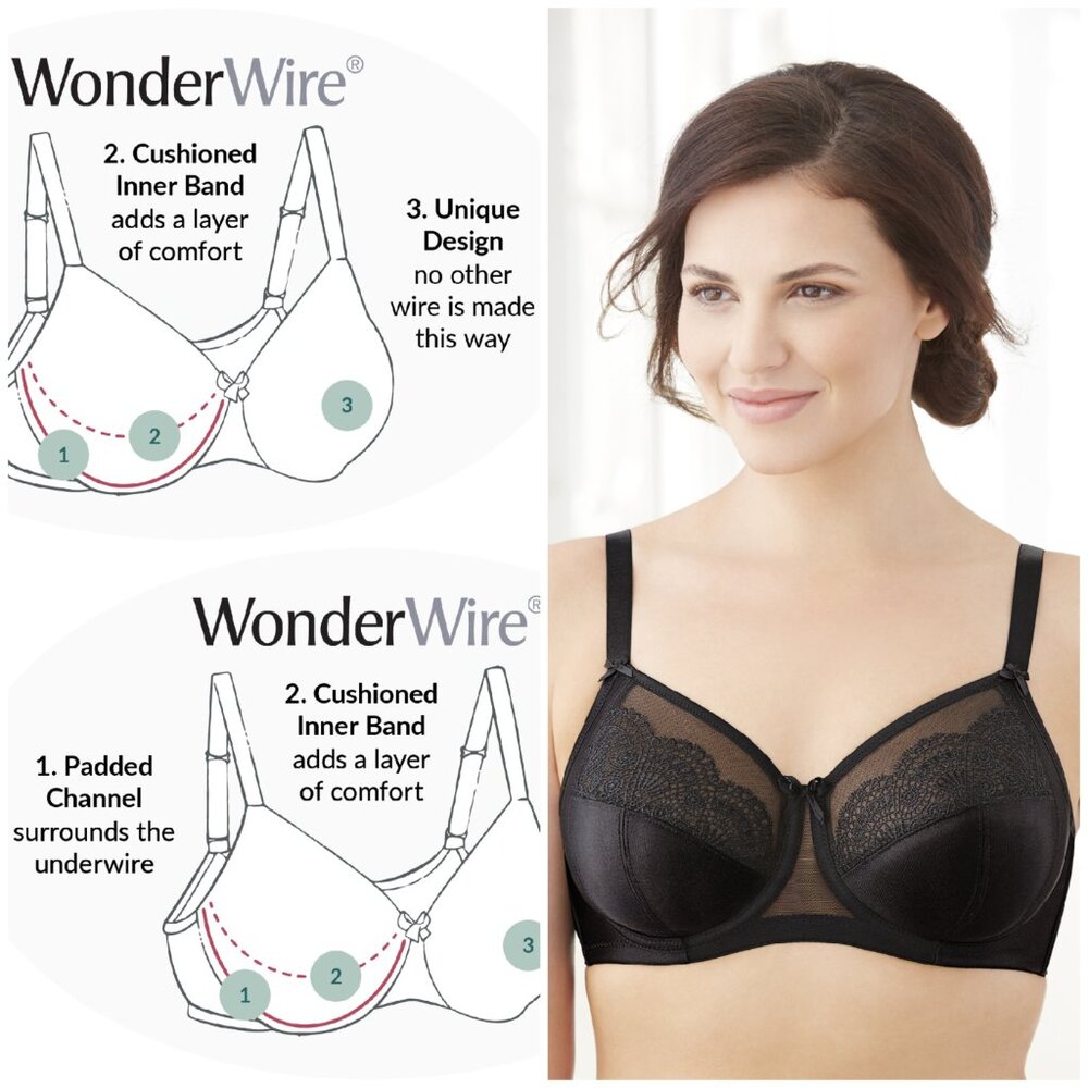 Glamorise 36D WONDERWIRE Bra Satin & Lace UNDERWIRE (FLEXI SIDE BONES) Black NEW